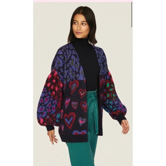 Farm Rio Ikat Dyed Hearts Cardigan Sweater Medium M Multicolor Balloon Sleeve - Picture 2 of 10